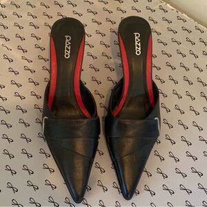 Pazzo Black Leather Kitten Heel Mules